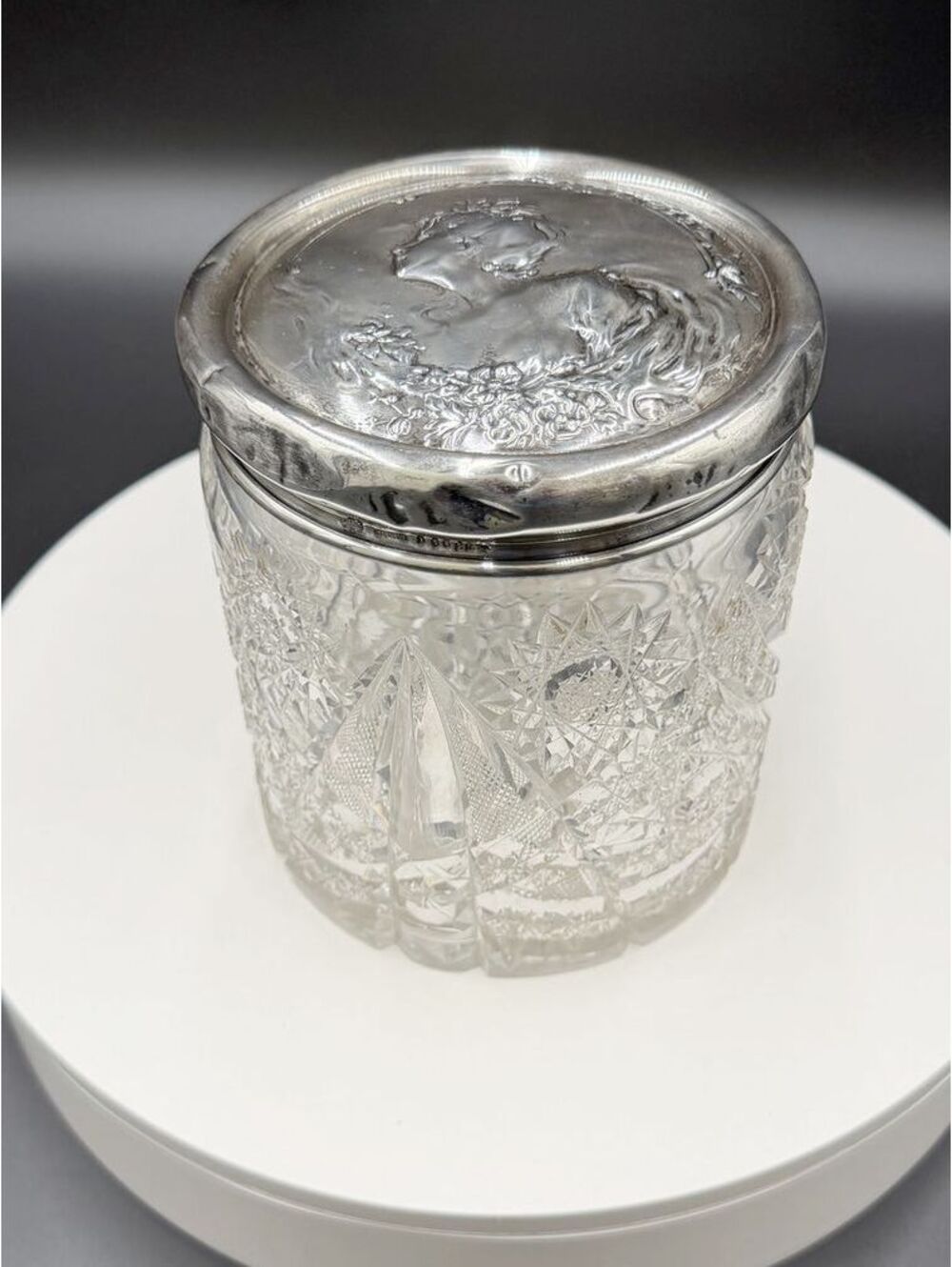 Antique Gorham Sterling Silver Cut Glass Vanity Dresser Jar Cherub Repousse Lid